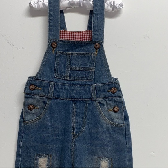 Toddler Bib Overalls Size 12M Distressed Boy Girl Unisex Buttons Pockets - Picture 3 of 12